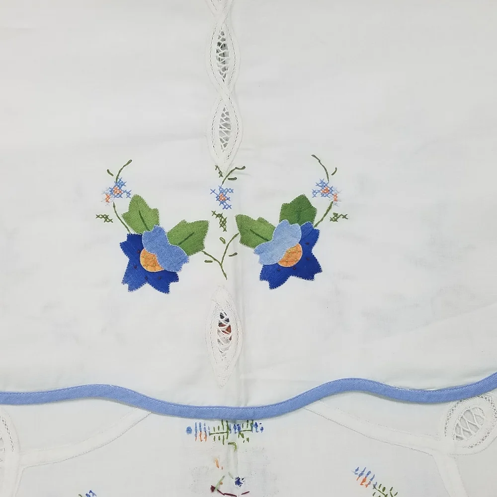 Vintage Floral Applique Round Tablecloth & 8 Napkins Set Blue Trim